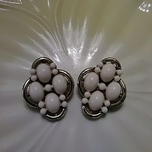 Coro White Beaded Clip Earrings